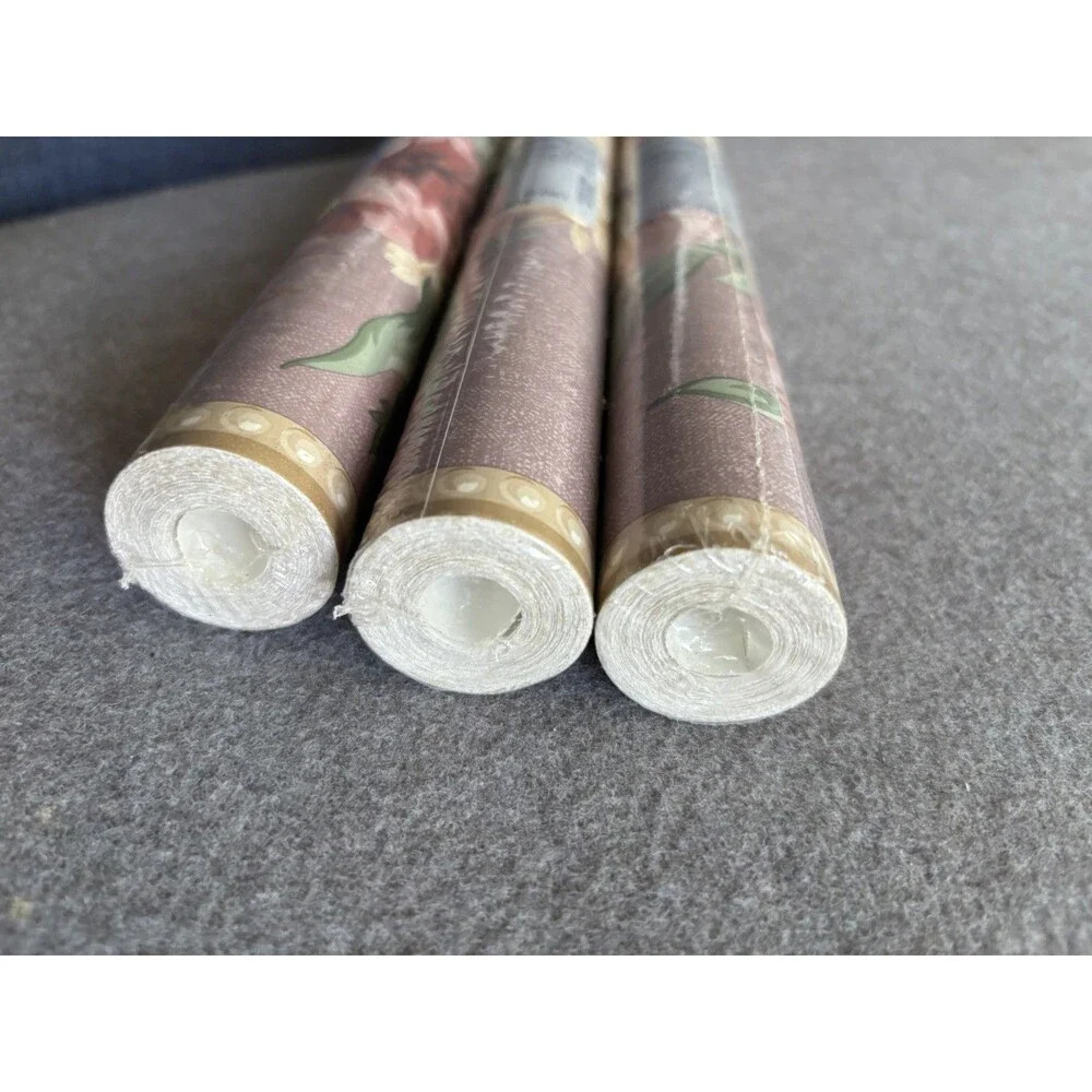 VTG Sunworthy Wallpaper Border 3 Rolls Floral w/ Scroll Pink Mauve Gold Cottage